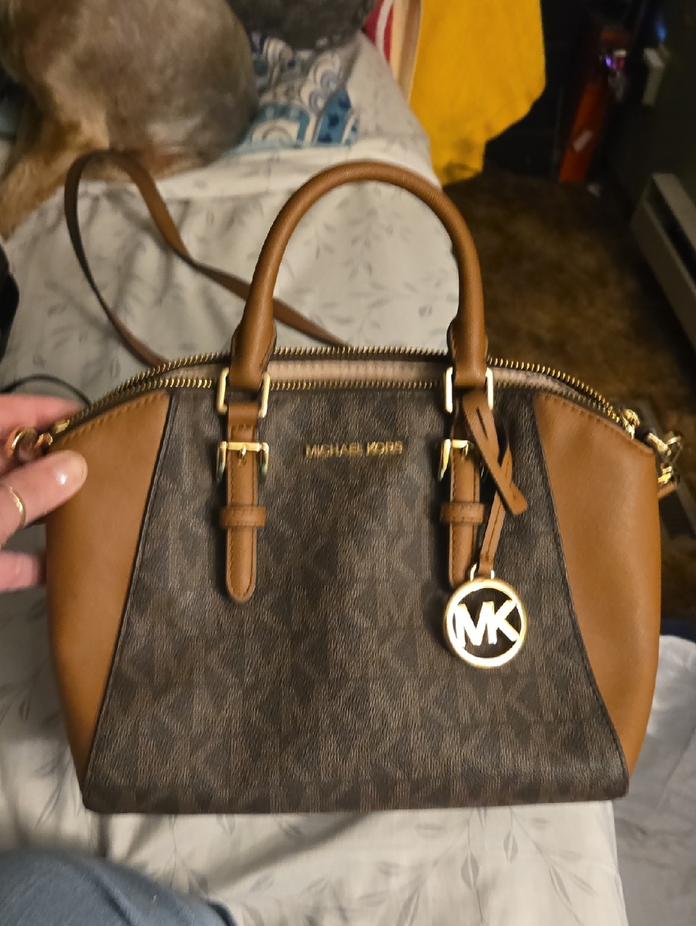Michael Kors Brown Logo Dome Satchel with Tan Trim and Gold Hardware